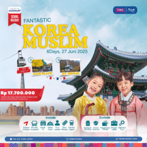 tur Muslim ke Korea 6 hari, menampilkan anak-anak mengenakan hanbok tradisional, latar belakang Gyeongbokgung Palace, dan ikon wisata seperti Nami Island & Mt. Seorak.