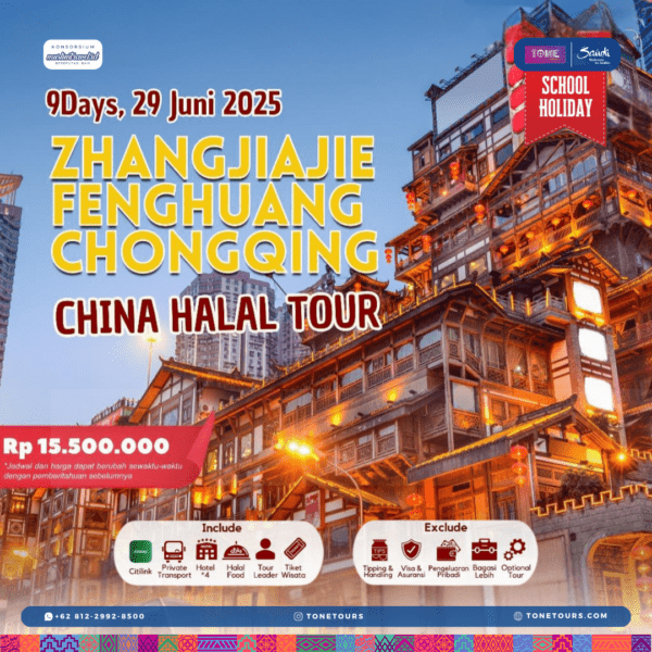 promosi tour halal ke China selama 9 hari ke Zhangjiajie, Fenghuang, dan Chongqing dengan latar arsitektur tradisional khas Hongya Cave di malam hari, serta informasi harga dan fasilitas.