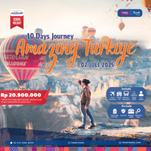 promo tour halal ke Turki 10 hari, menampilkan balon udara di Cappadocia dan wisatawan berdiri di tebing dengan latar alam unik, keberangkatan 2 Juli 2025