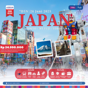 tur halal ke Jepang 7 hari, menampilkan robot Gundam raksasa, Gunung Fuji, dan suasana kota Tokyo, dengan info keberangkatan 26 Juni 2025